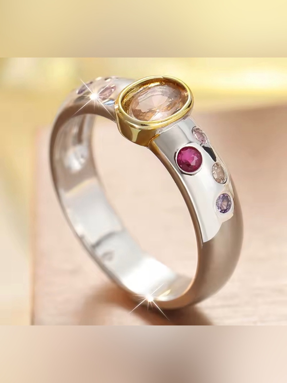 Anthropologie Multicolor Gemstone Statement Ring Size 8 Oval Center Stone NWOT